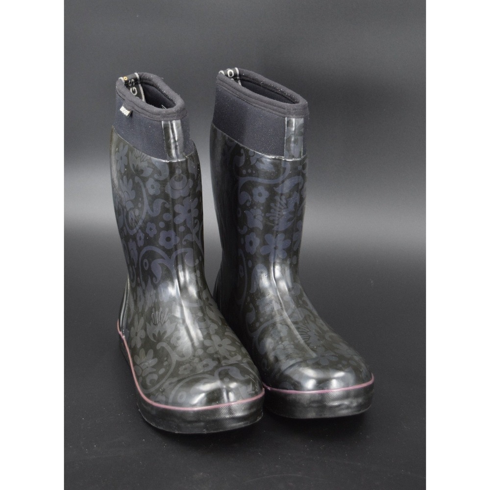 Bogs Rain Boots Women Size 9 Black Floral Damask Waterproof Neoprene Good